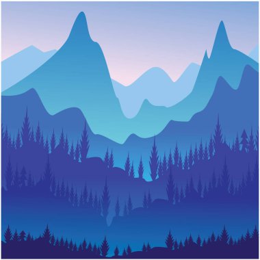 Renkli vektör tasarımı arka plan panoramasına sahip gece dağı orman manzarası çizimi