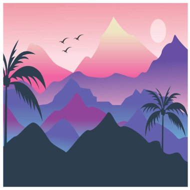 Akşam dağları manzara çizimi renkli düz vektör tasarımı