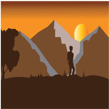 Dağların ve dağcıların manzarası. Renkli düz tasarım vektör arka planına sahip. Doğal