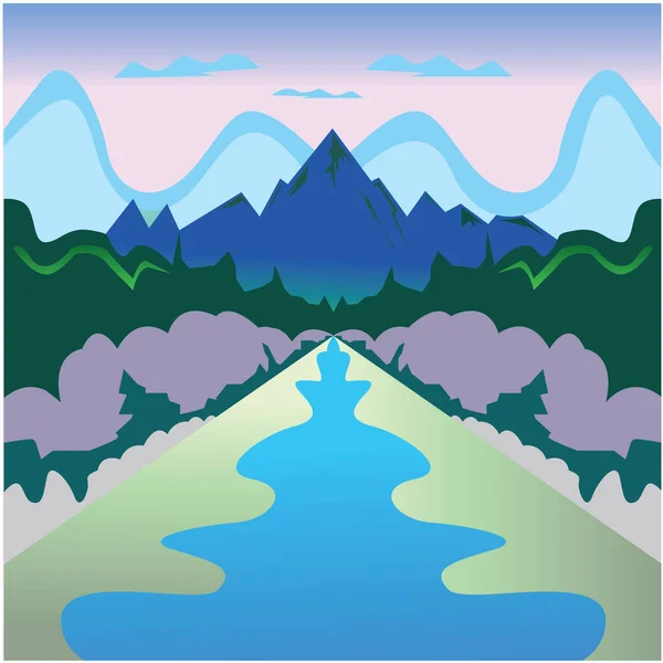 Flat Mountain River Scenery Illustration Colorful Vector Design Background Natural — Stock Vector