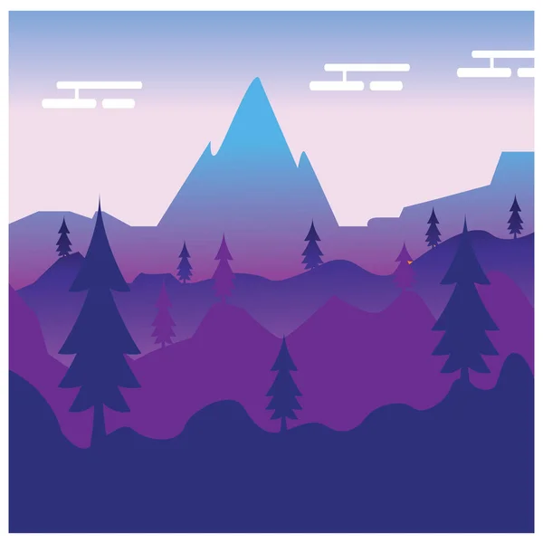 Dağın Düz Ağaç Manzarasının Gece Resmi Renkli Vektör Tasarımı Doğal — Stok Vektör