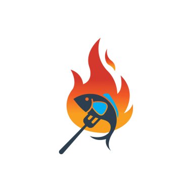 Izgara balık amblemi restoran illüstrasyon ateş tasarım şablonu