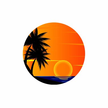 Sunset hindistan cevizi ağacı renkli plaj illüstrasyon vektör tasarımı