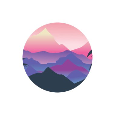 dağlar ve manzara vektörü küçük daire renkli illüstrasyon ve ağaç