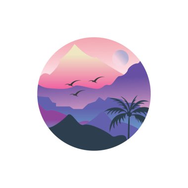 dağlar ve manzara ağaçları doğa vektör dairesi küçük renkli çizimler