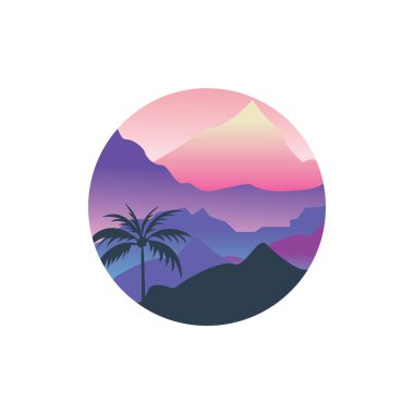 dağlar ve manzara vektörü küçük daire renkli illüstrasyon ve ağaç