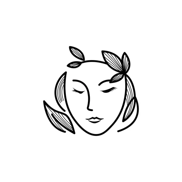 Natürliche Schöne Frau Illustration Logo Und Blatt Vektor Design Mode — Stockvektor