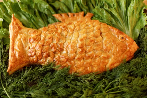 Tasty food. Fish pie on green salad — Stok fotoğraf