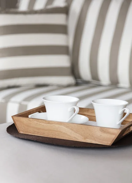 Living room sofa and coffee in wooden tray — Stock Photo, Image