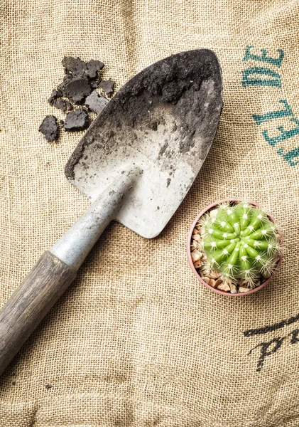 Outils de jardinage avec terre sur fond de sac — Photo