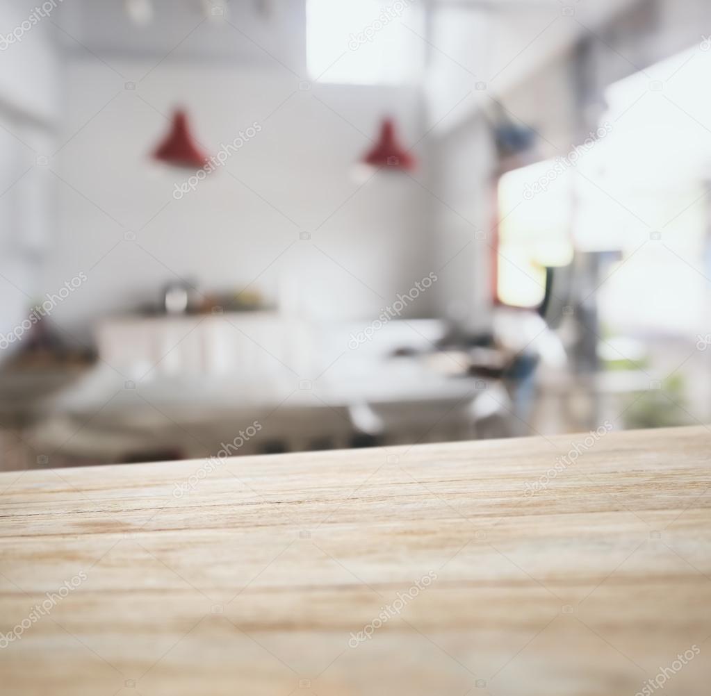 Table top counter bar with blurred kitchen background