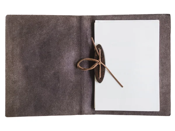 Blank paper page in leather cover folder Isolated — Stock Photo, Image