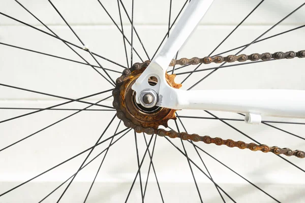 Rusty bicicleta cadeia manutenção e reparos — Fotografia de Stock