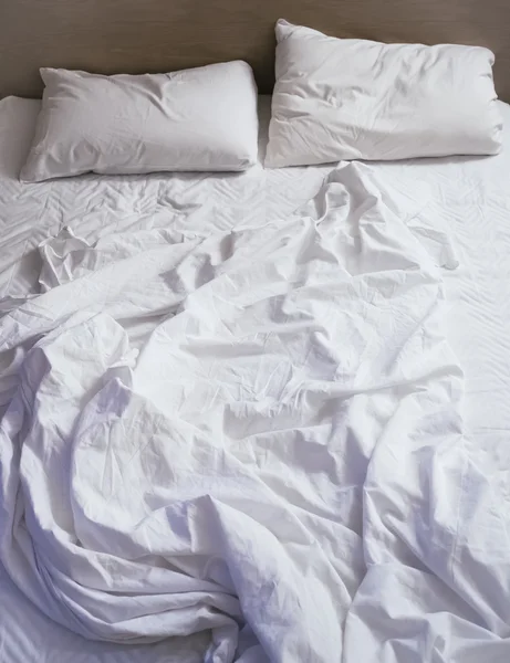 Bed Mattress Pillows and Blanket messed up in Bedroom — Stock Photo, Image