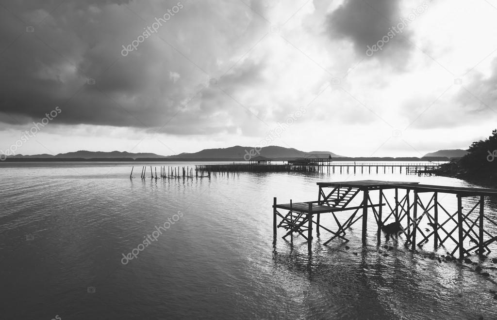 Sea landscape with Mountain background Cloudy sky black and white