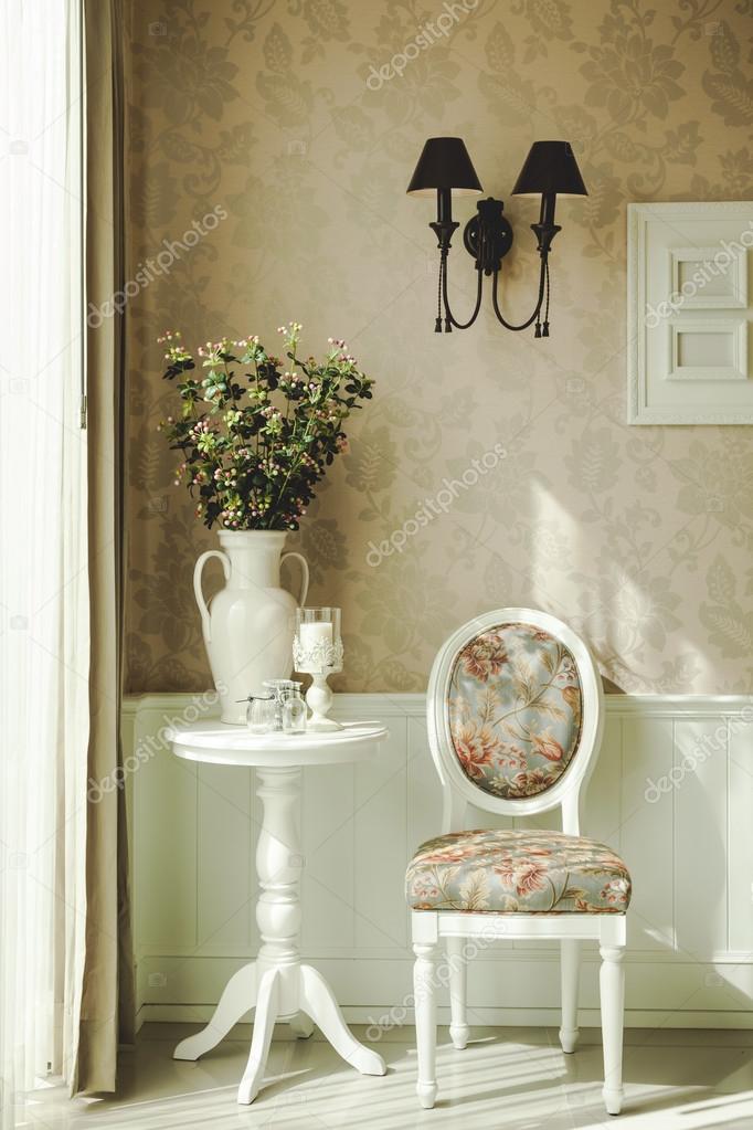 Home Interior decoration with chair table and flowers Wallpaper Background  Stock Photo by ©viteethumb 94814888