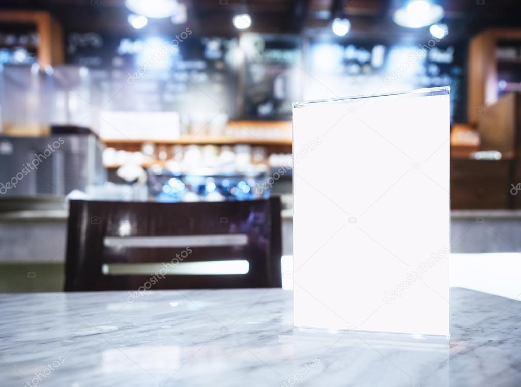 Mock up Menu frame on Table Blurred Bar restaurant background