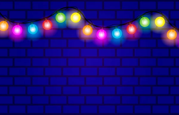 Feestelijke Achtergrond Met Kleurrijke Lichten Een Stenen Muur Voor Ansichtkaarten — Stockvector