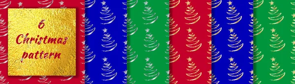 Set Patrones Navideños Festivos Árboles Navidad Tonos Verdes Rojos Azules — Vector de stock