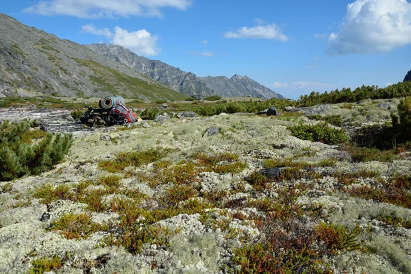 Backpack lies on the high meadows Barguzinsky Ridge on Lake Baik — Stock Photo, Image