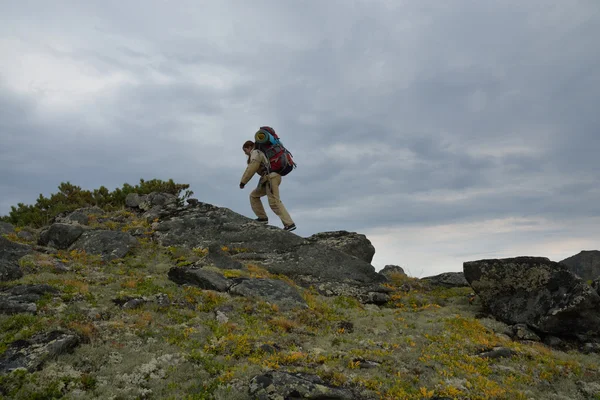 Mujer joven turista caminando en la cima de la cresta de la montaña Barguzi —  Fotos de Stock