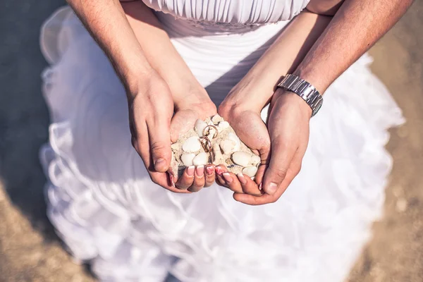 Άνδρας και γυναίκα, κρατώντας κοραλλιογενή άμμο και κοχύλια με ένα δαχτυλίδι γάμου στην παραλία — Φωτογραφία Αρχείου