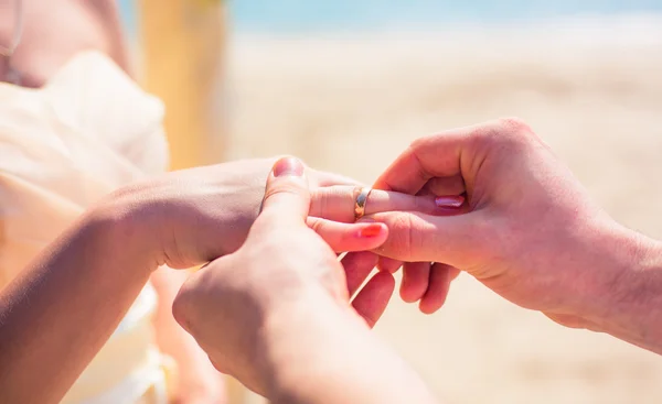 Άνθρωπος φοράει ένα δαχτυλίδι γυναίκα γαμήλια τελετή στην εξωτική διακόσμηση η τροπική παραλία — Φωτογραφία Αρχείου