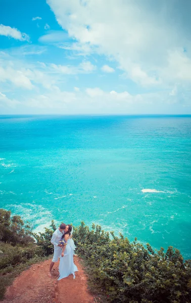 Happy Couple in love on the view point seaside tropical beach thailand phuket — Stok Foto