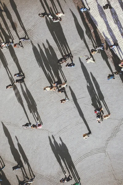 People with lolg shadows, top view. — Stock Photo, Image