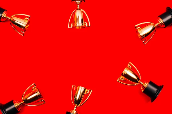 Winner Cups Red Background Copy Space Flat Lay Style — Stock Photo, Image