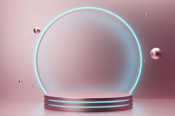 Pódio Metálico Rosa Para Cosméticos Com Moldura Néon Azul Esferas — Fotografia de Stock