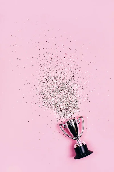 One Silver Winners Cup Bright Sparkles Pastel Background Lat Lay — Stock Photo, Image