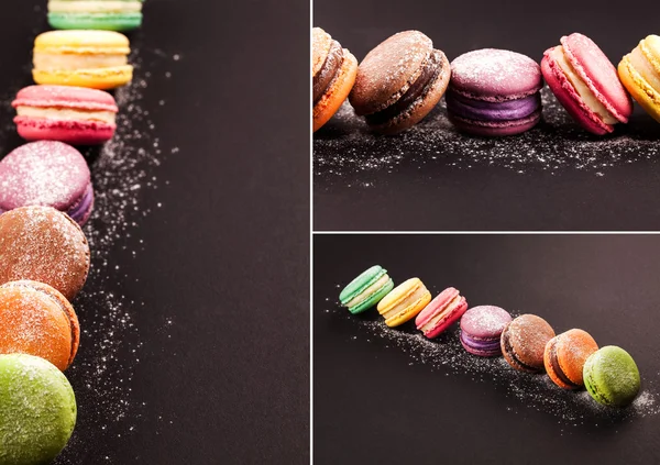 Fila de macaroons em colagem preta — Fotografia de Stock