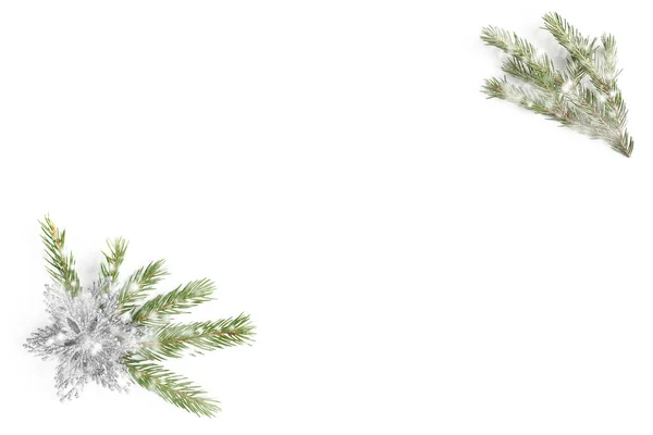 Snowy Fir Tree Branch Silver Glitter Flower Star White Background — Stock Photo, Image