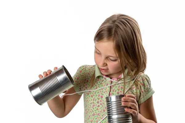 Girl with Tin Can, String Phone - Expressing Skepticism — Stock Photo, Image