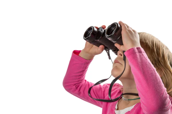 Girl with Binoculars Looking Up at Copy Space — Stock Photo, Image