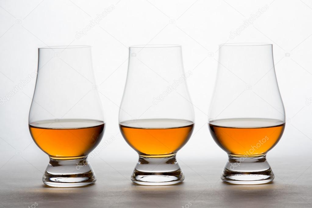 Whiskey in Three Crystal Tasting Glasses