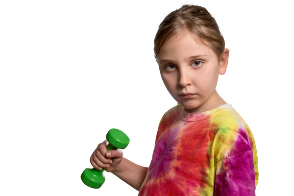 Serious Girl with Dumbbell Looking At Camera — Stock Photo, Image