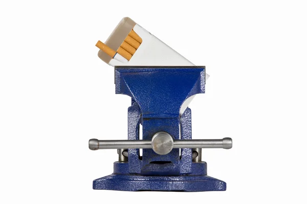 Cigarettes Held in Blue Vise Grip - End View — Stock Photo, Image