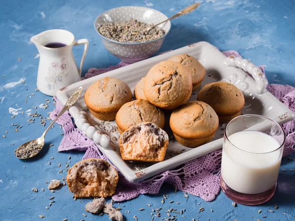 Lavender muffins on a tray — Stock Photo, Image