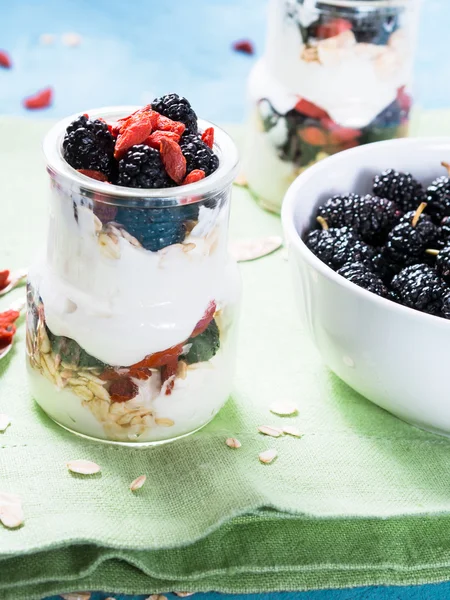 Yogurt with goji berries — Stock Photo, Image