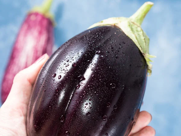 Lila aubergine i en kvinnas hand. Närbild — Stockfoto