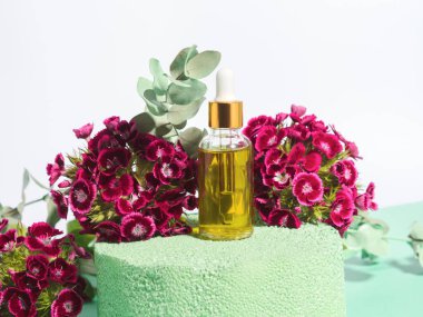 Temel yağ C vitamini doğal güzellik ürünü yeşil podyumda cam şişede.