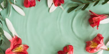 Güzel yeşil yaz güzelliği. Suda kırmızı açelya ve dalgalar.