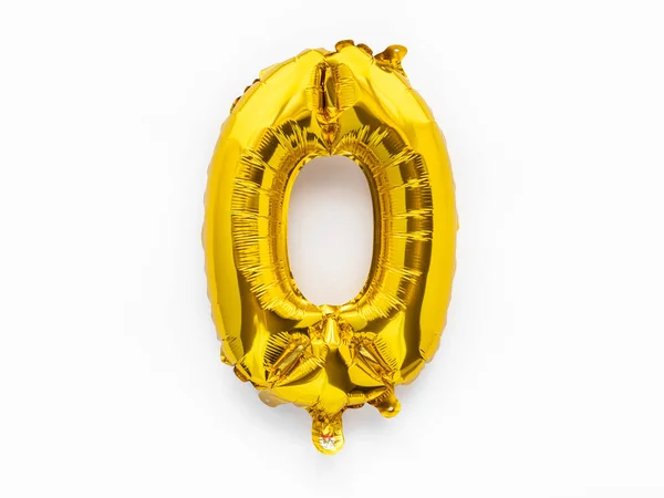 Nomor 0 emas foil balon pesta dekorasi pada latar belakang putih, konsep ulang tahun bayi — Stok Foto
