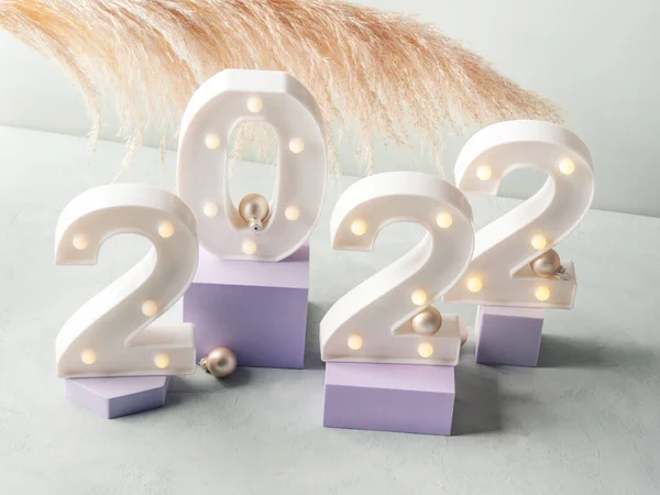 New year 2022 lights numbers with pampas branch on gray turquoise background. Holiday greeting card — Stock Photo, Image