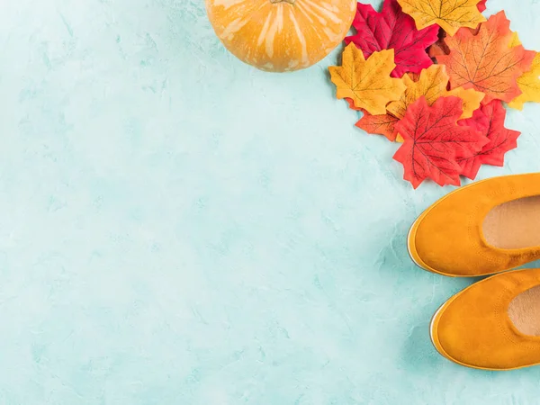 黄色芥末平底鞋，秋天叶和南瓜，季节框背景. — 图库照片