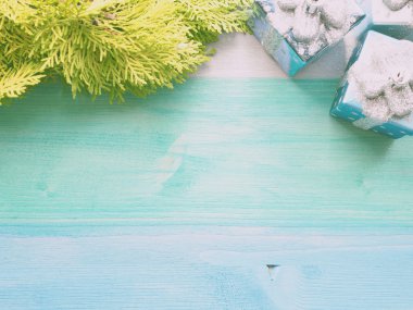 Kış Noel ağacı süslemeleri ve Mazı (bitki) şube pastel arka plan