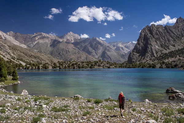 山中湖の青緑色の水を歩くバックパッカー. ロイヤリティフリーのストック写真
