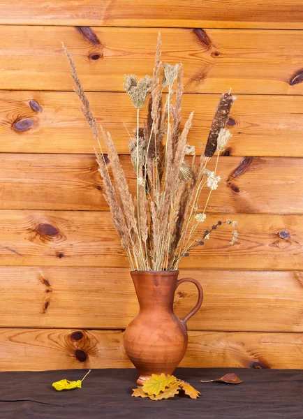 Clay jug with dry stalks of a reed — Stock Photo, Image